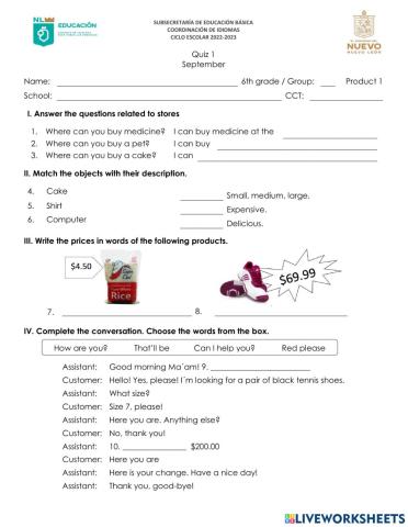 6th Grade Exam September 2022