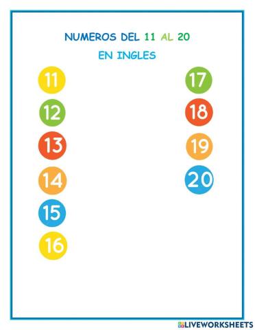 Números del 11 al 20 en ingles