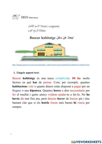 Buscar habitatge.  Dictat i activitats sobre el text