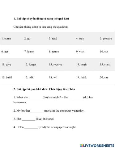 Bài tập thì quá khứ đơn 2