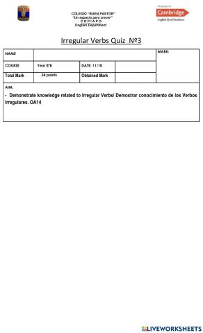 Irregular Verbs Quiz nº3 Year 8 -