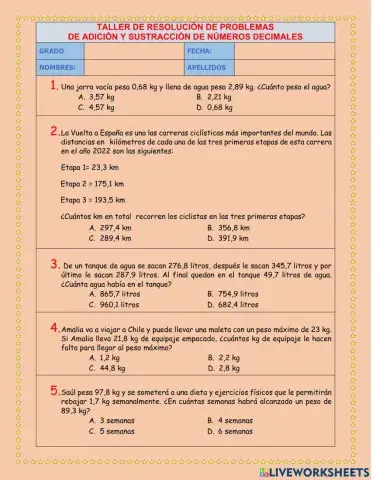 Problemas de adición y sustracción de decimales
