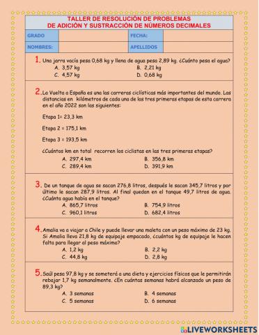 Problemas de adición y sustracción de decimales
