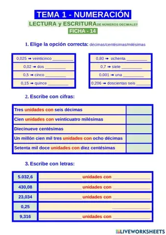 Lectura y escritura de números decimales