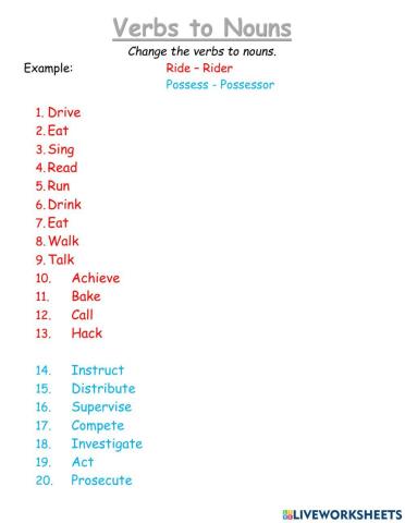 Verbs to noun - adjectives to adverbs