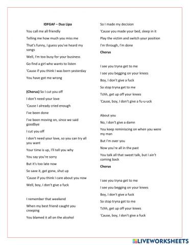 Dua Lipa - IDGAF (multiple choice lyrics)