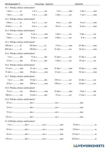Hosszúság - mértékegység - gyakorlás 01