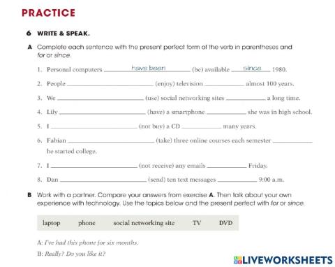 Present perfect with since and for