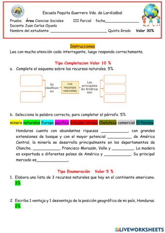 PRUEBA DE CIENCIAS SOCIALES QUINTO GRADO
