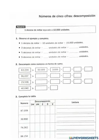 Números 5 cifras: descomposición