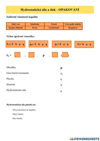 Hydrostatická síla a tlak - OPAKOVÁNÍ