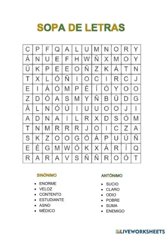 Sopa letras sinónimos y antónimos