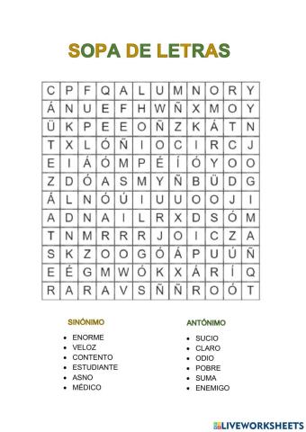 Sopa letras sinónimos y antónimos