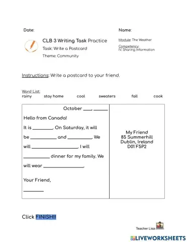 CLB 1: Writing a Postcard