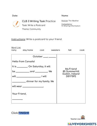 CLB 1: Writing a Postcard