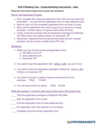 Reading Test Job Instructions