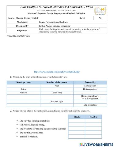 Personality and Feelings interview
