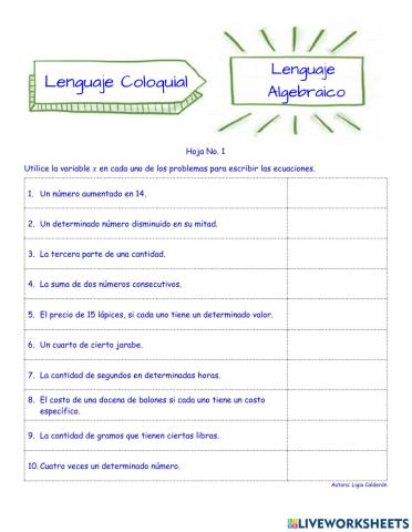 Lenguaje coloquial a algebraico