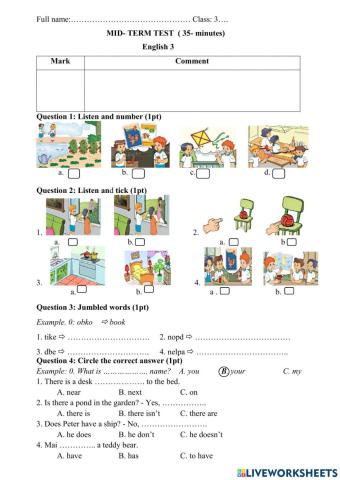 Đề kiểm tra giữa HKI  Tiếng Anh 3