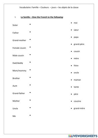 Family, days, colours and classroom items