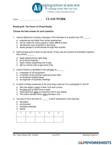 REX3 3rd Edition-Unit9A-Extra Reading Questions
