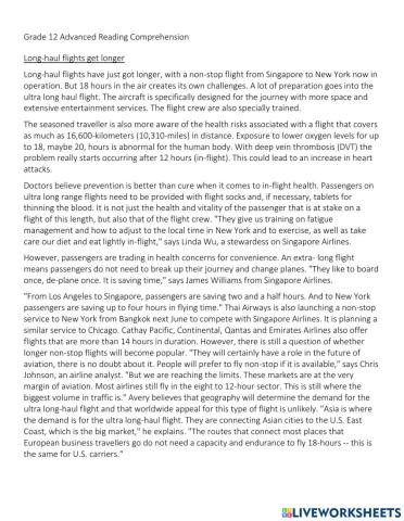 Reading comprehension Long Haul Flights