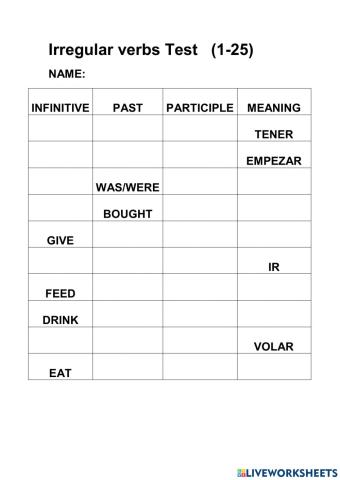 Irregular verbs test exam