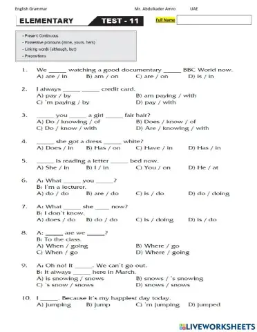 Elementary Test 11 Part 1 Grammar