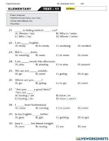 Elementary Test 11 Part 2 Grammar