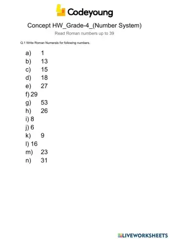 LO2 Write Roman Numerals up to 39-Concept HW