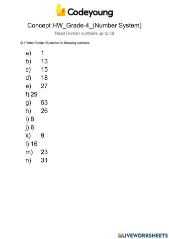 LO2 Write Roman Numerals up to 39-Concept HW