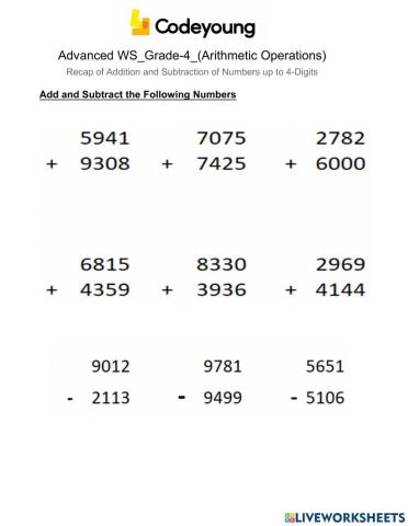 Recap of Addition and Subtraction of Numbers up to 4-Digits advance ws