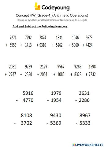 Recap of Addition and Subtraction of Numbers up to 4-Digits Concept HW