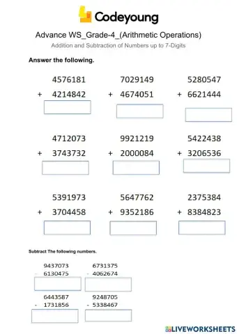 Addition and Subtraction of Numbers up to 7-Digits Advanced ws