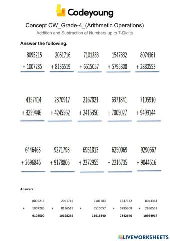 Addition and Subtraction of Numbers up to 7-Digits Concept CW