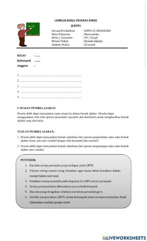 Lkpd penjumlahan dan pengurangan bentuk aljabar