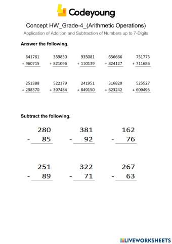 Application of Addition and Subtraction of Numbers up to 7-Digits Concept HW