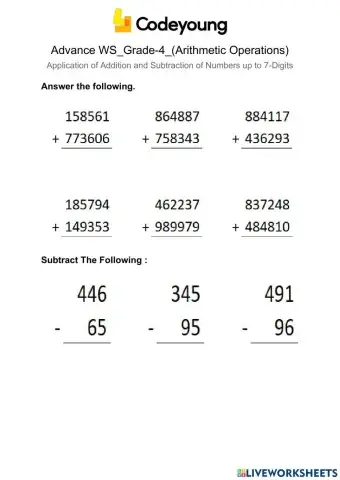 Application of Addition and Subtraction of Numbers up to 7-Digits advance ws