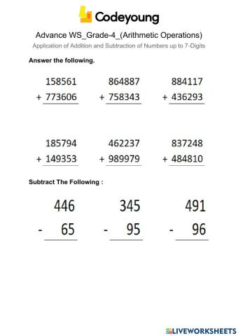 Application of Addition and Subtraction of Numbers up to 7-Digits advance ws