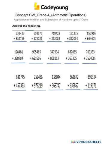Application of Addition and Subtraction of Numbers up to 7-Digits concept cw