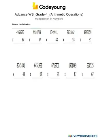 Multiplication of Numbers advance ws