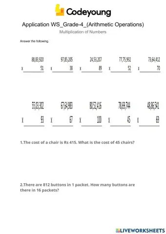 LO1 Multiplication of Numbers up to 7 Digits Application WS