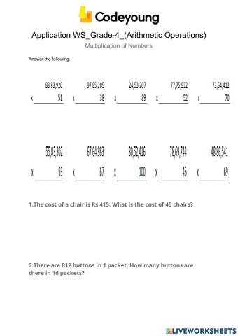 LO1 Multiplication of Numbers up to 7 Digits Application WS