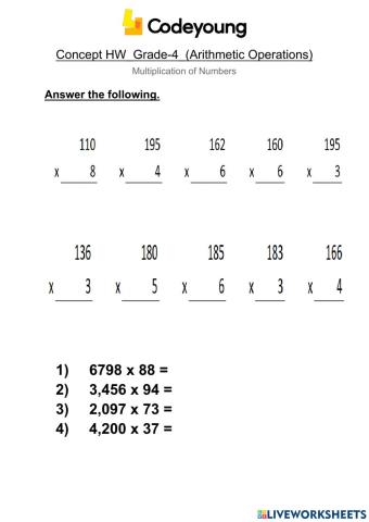 Multiplication of Numbers  concept HW