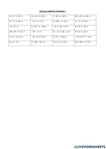 Cálculo mental enteros