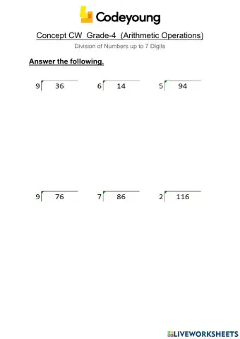 Division of Numbers up to 7 Digits concept CW