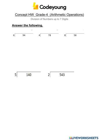 Division of Numbers up to 7 Digits Concept HW