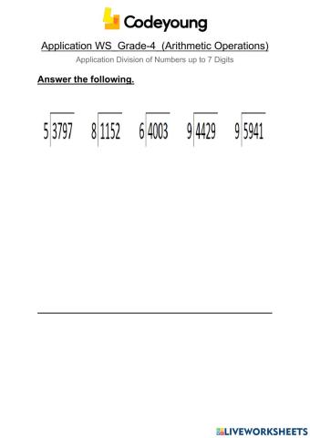 Application Division of Numbers up to 7 Digits Application WS