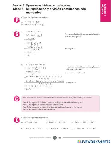 Multiplicacion y division combinadas con monomios