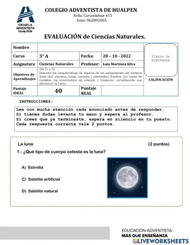 Evaluación Ciencias Naturales